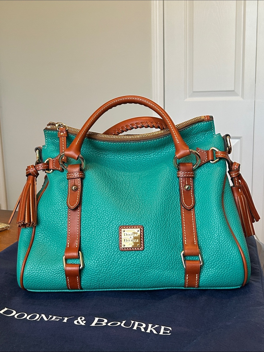 Dooney & Bourke Spearmint Green Leather Satchel with Brown Trim and Tassels